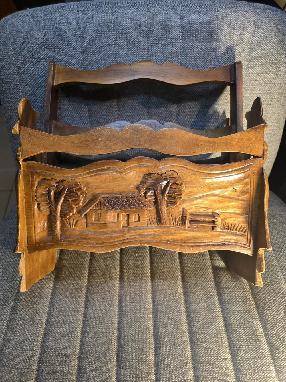Hand-Carved Wooden Magazine Rack - Warm Honey Tone